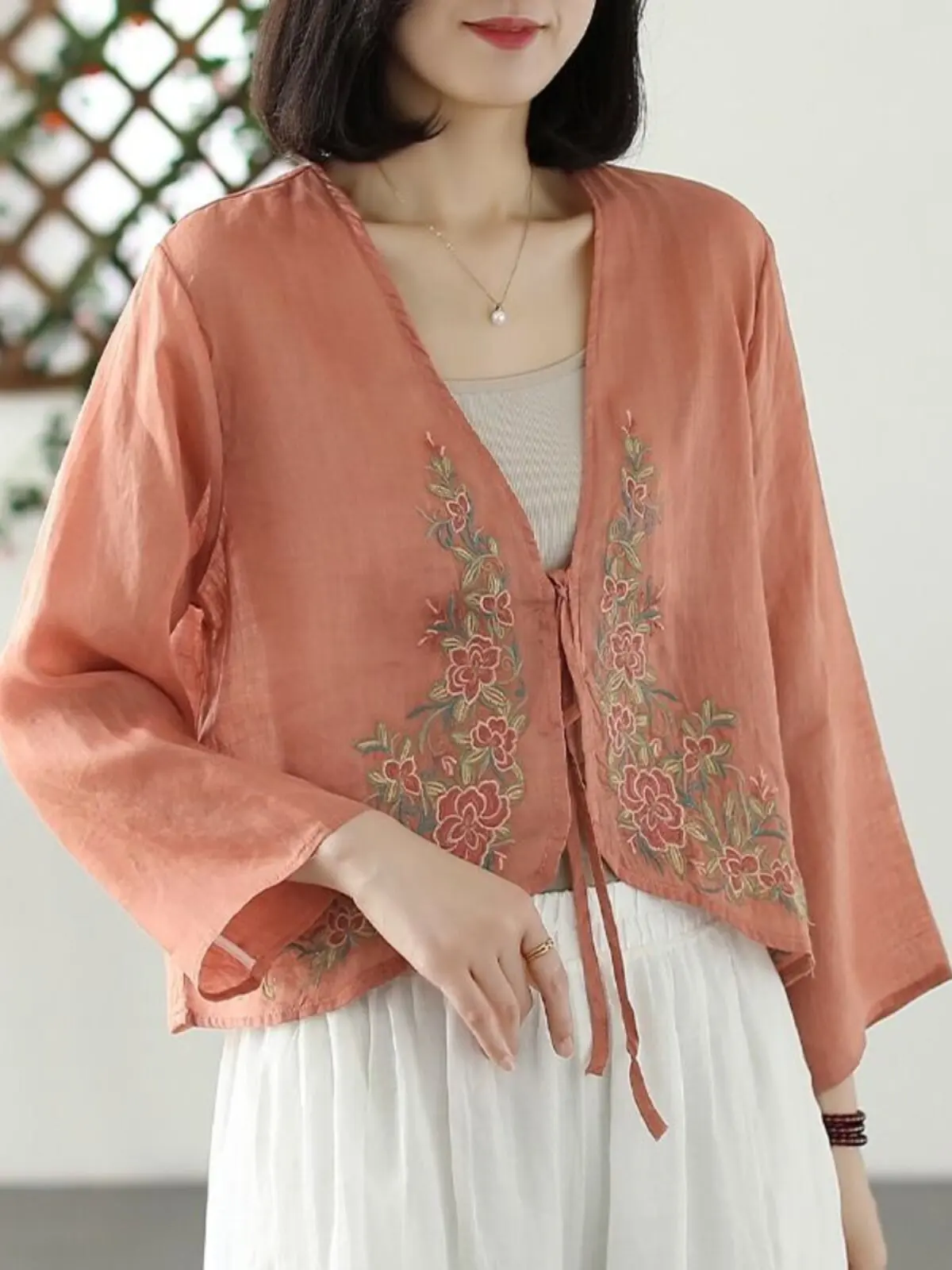 Chinese Style Embroidered Linen Blouse Women Summer Vintage Floral Shirt Sunscreen Tea Dress Wu Tang Kung Fu Hanfu CN-224