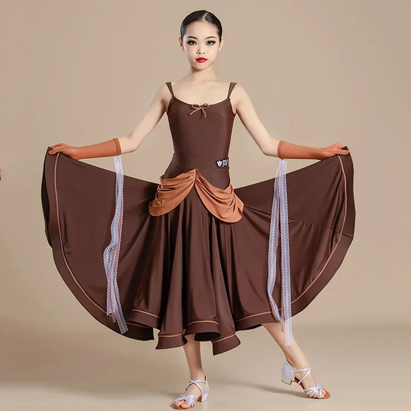 

Kids Girls Backless Bodysuit Ballroom Dancing Dress Modern Dancewear Waltz Social Dance Large Skirt Dance Costumes