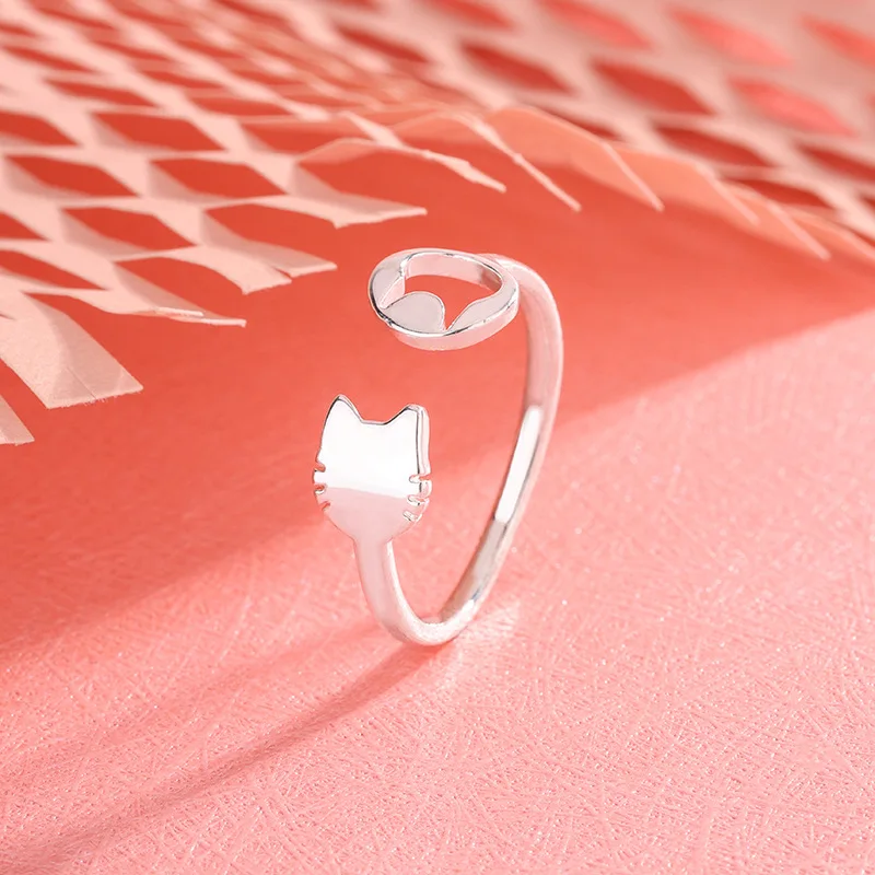 Neue Mode Schöne 925 Sterling Silber Schmuck Nette Kreative Kleine Frische Katze Hohl Asymmetrische Öffnung Ringe R298