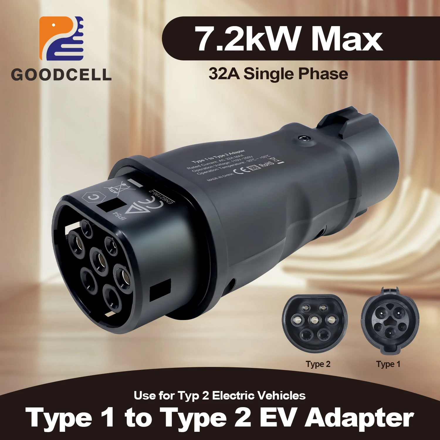 GOODCELL EV Charger Adapter SAE J1772 Type1 To IEC62196 Type2 32A Single Phase 7.2KW Max EV Charging Converter Electric Vehicle