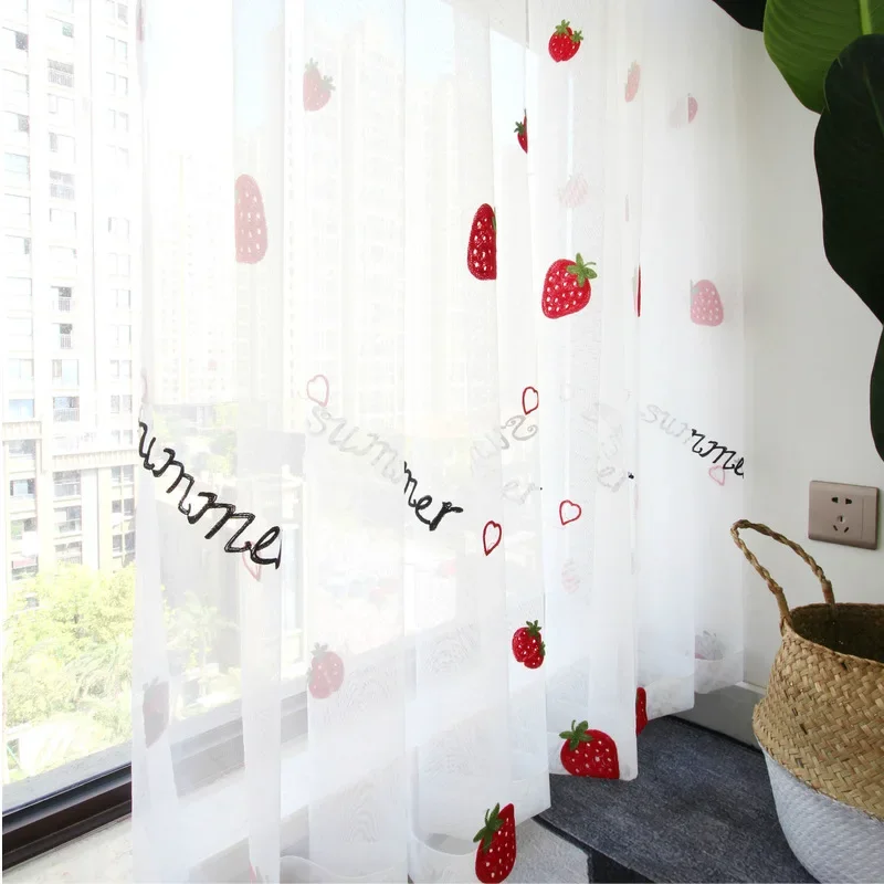 Cute Strawberry Tulle Curtains for Girl Kids Room Curtains Living Room Bedroom Window White Embroidered Sheer