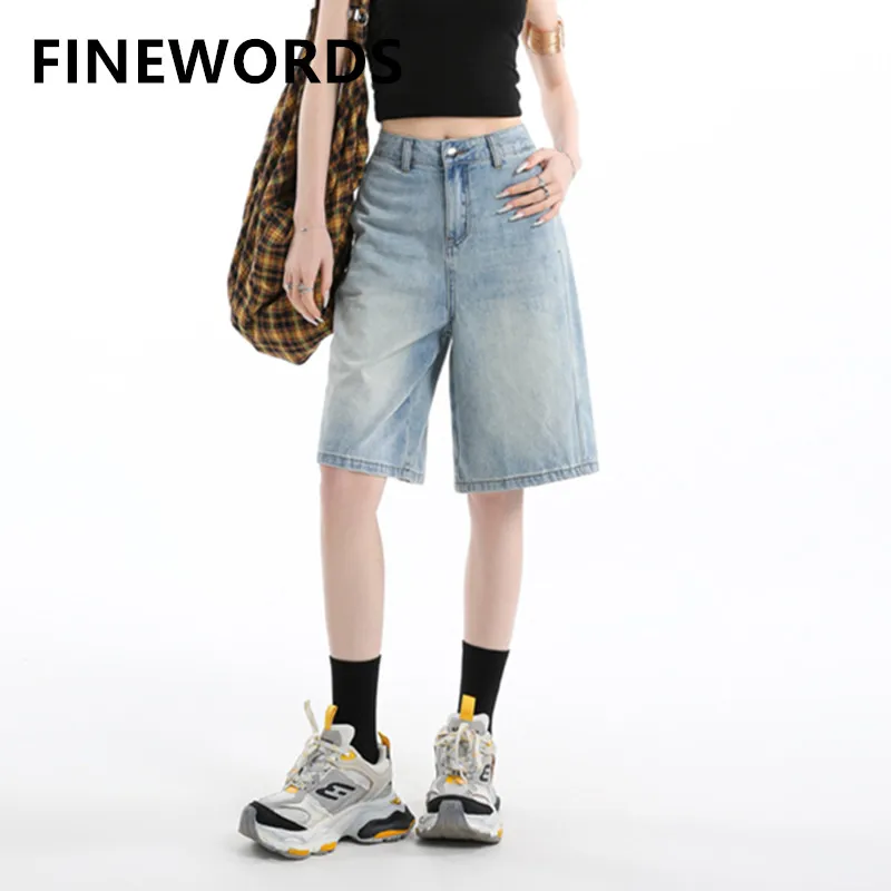 

Винтажные повседневные джинсовые шорты FINEWORDS с высокой талией для женщин, универсальные джинсовые шорты с широкими штанинами, уличная мода, свободные шорты средней длины