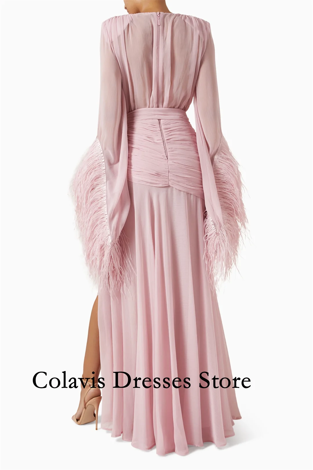 2025 Customized Deep V-Neck Flare Sleeves Feather Pink Chiffon Prom Dresses Evening Dress Women Evening Gowns Formal Party Dress