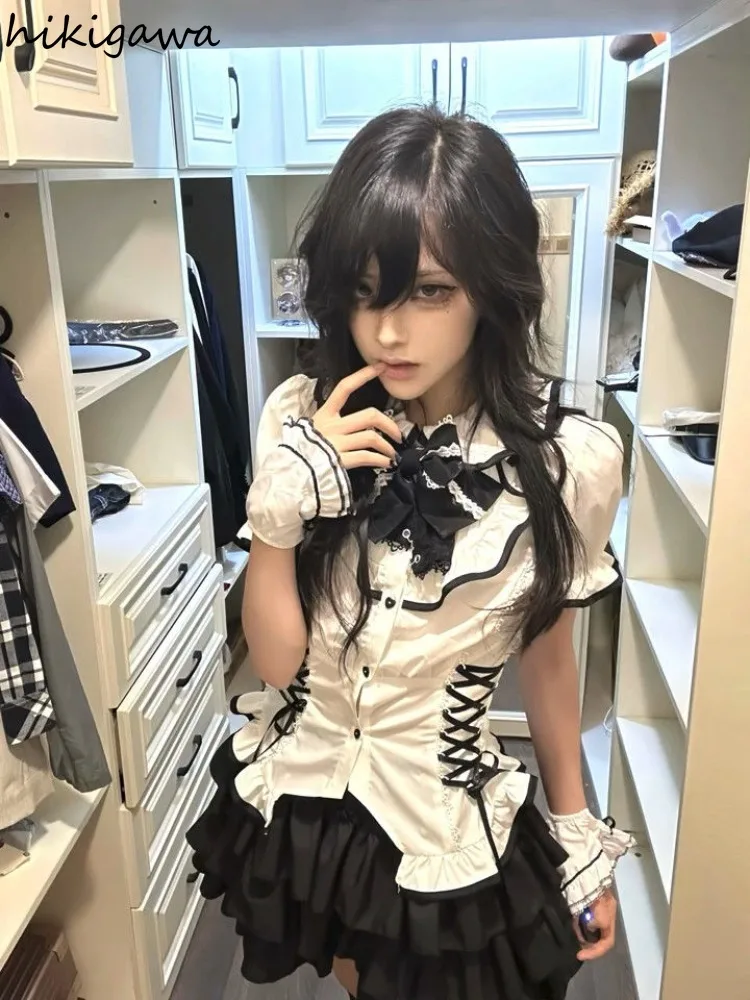 

Skirt Suit Japanese Clothing 2 Piece Sets Slim Waist Peter Pan Collar Bandage Blouse High Waist Tunic Mini Skirts Summer Outfits