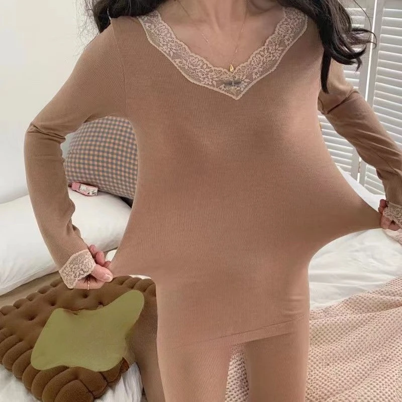 Set di biancheria intima termica con finiture in pizzo Set da donna in misto lana e cotone leggero senza cuciture Set di strati di base in due pezzi Set caldo autunno inverno