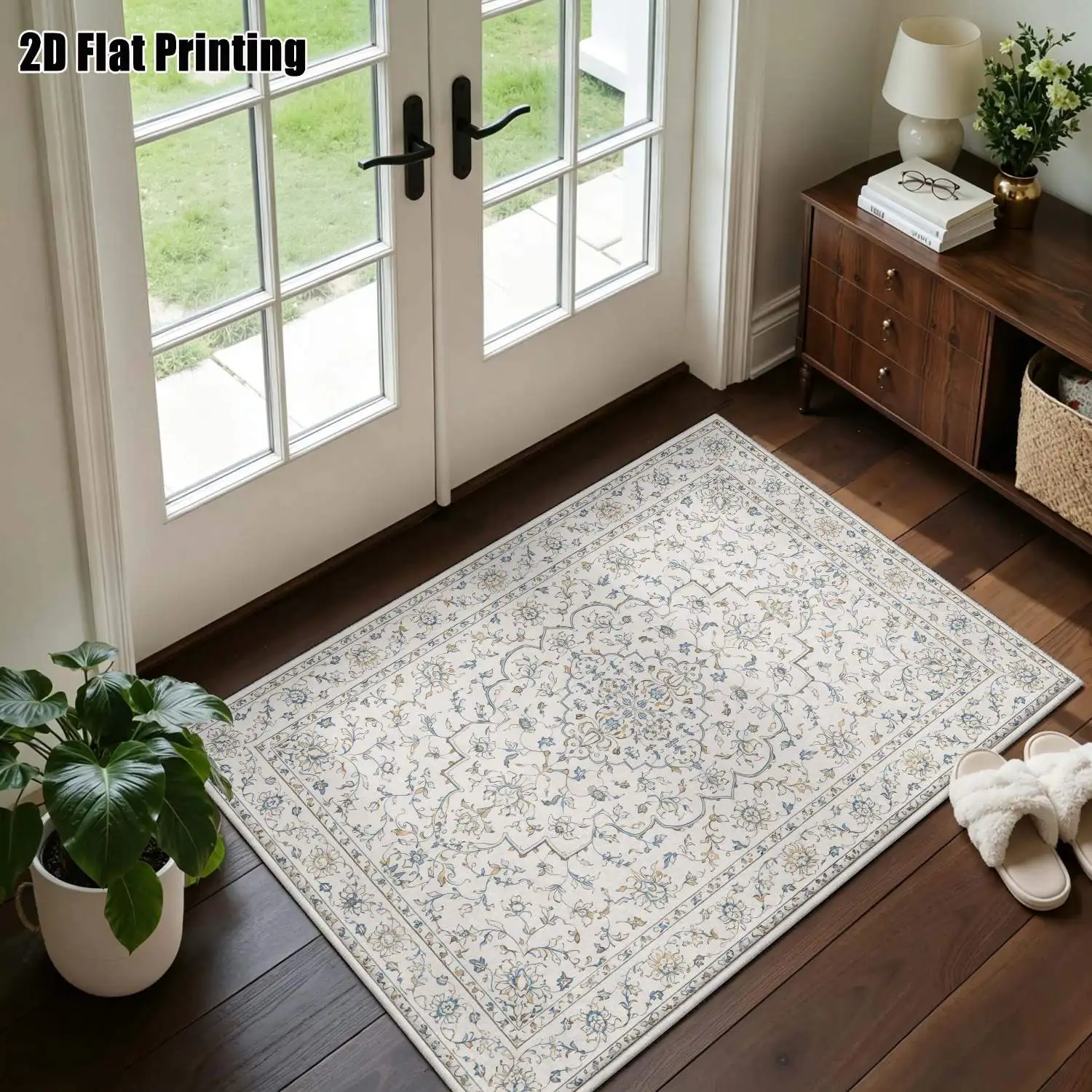 1Pc 2D Printed Beige Blue Brown Floral Vintage European Carpet, Suitable for Living Room Bedroom Dining Room Entrance Study Home Decor, Multiple Sizes, Machine Washable