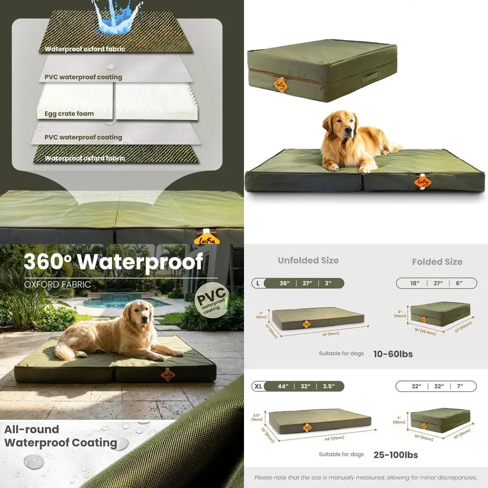 

Large Outdoor Orthopedic Dog Bed - Foldable Waterproof Mattress with Removable Washable Cover, Army Green, 44x32x3.5