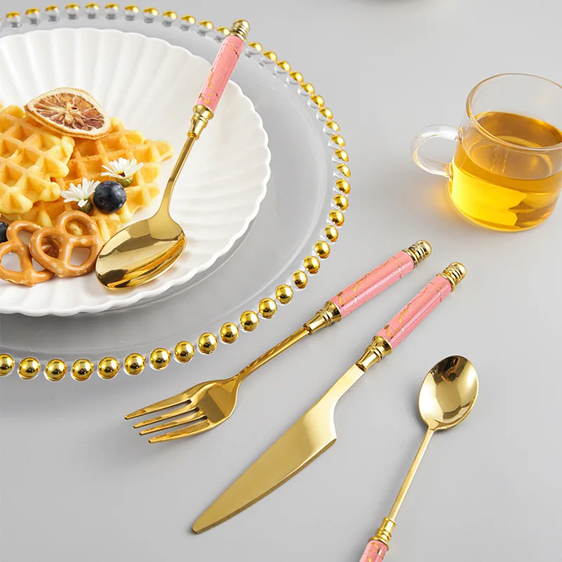 Nordic Style Stainless Steel Dinner Knife Fork Spoon Creative Fashion Marble Pattern Ceramic Handle Tableware Gold Cutlery Set