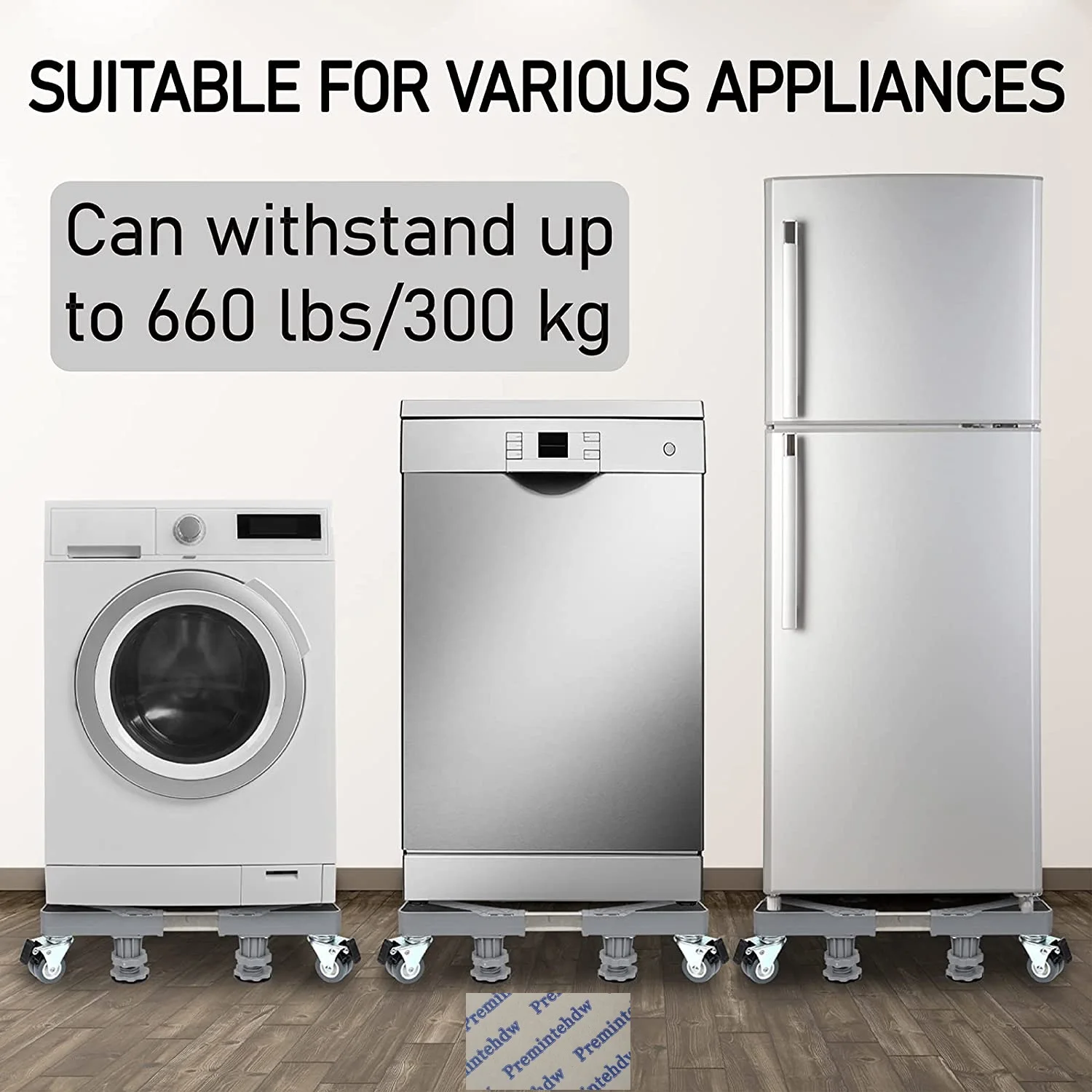Adjustable Appliance Dolly Cart Stand Base With 4 Locking Wheels Castors 8 Leveling Floor Suction Feet Fridge Washing Machine