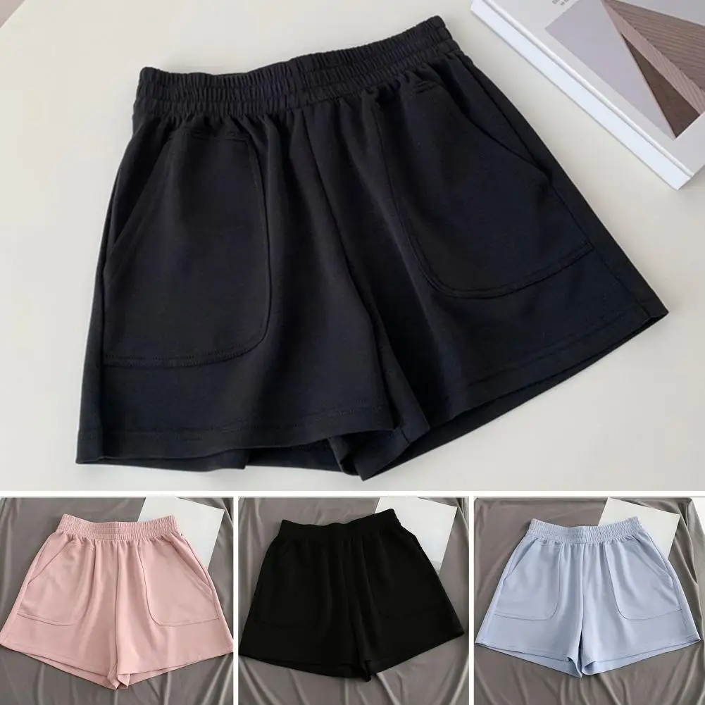 Elastic Waist Women Shorts Stylish Summer Women's Elastic High Waist Shorts with Pockets for Casual Sport Homewear Above Knee