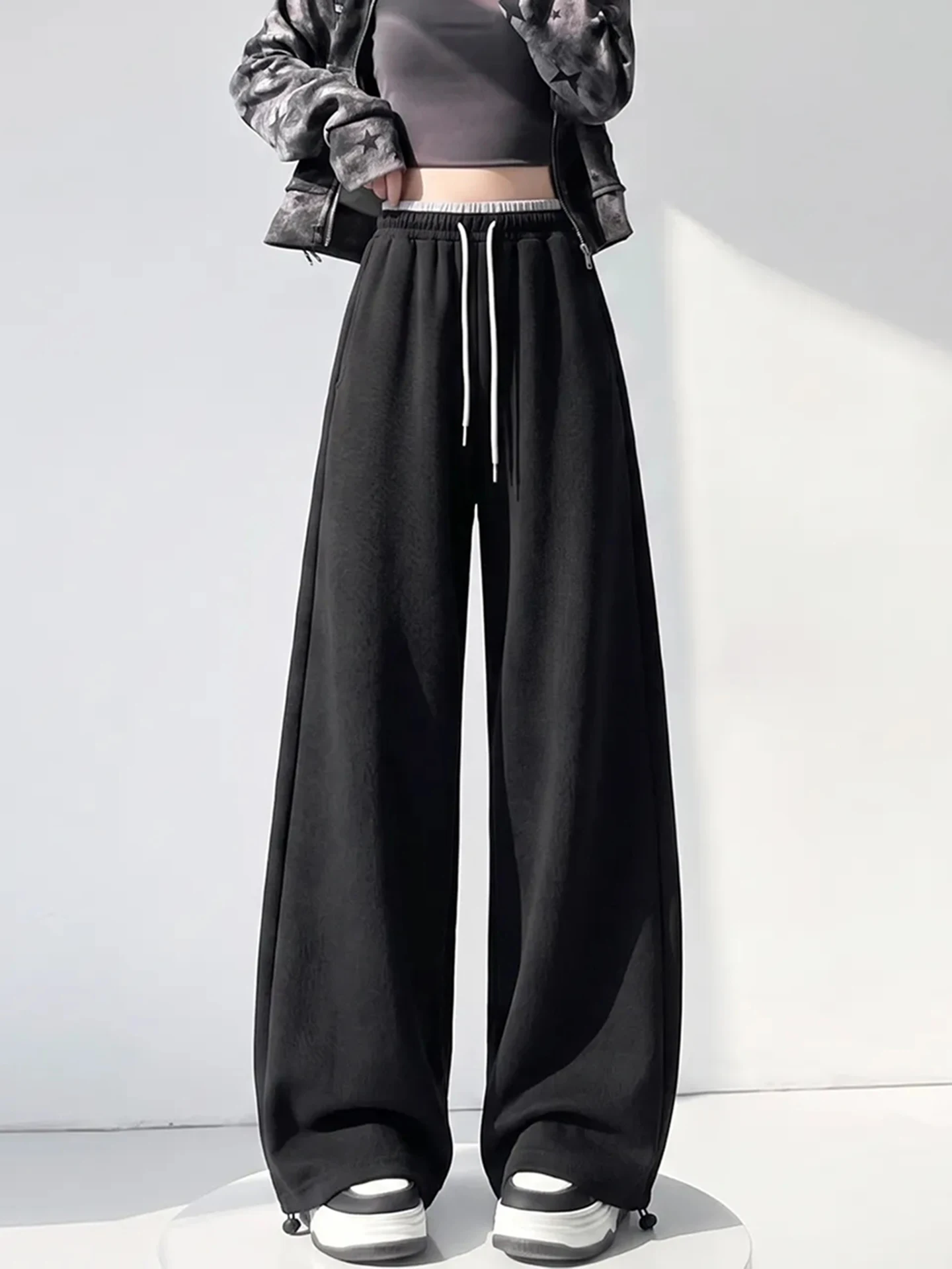Black High Waist Drawstring Loose Straight American Style Wide Leg Pants Women's Summer Sporty Trousers Casual Cotton Blend