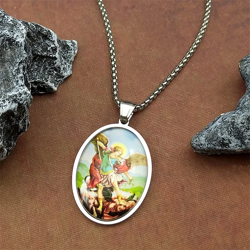 SAINT MICHAEL PROTECT US archange verre médaille pendentif collier femmes hommes acier inoxydable couleur or chrétien amulette bijoux