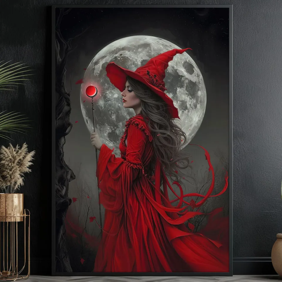 

Magical Moon Witch Diamond Painting Dark Witch In Red Hat, Vibrant, New Arrivals Mosaic Diamond Art Embroidery Hallowen Gift