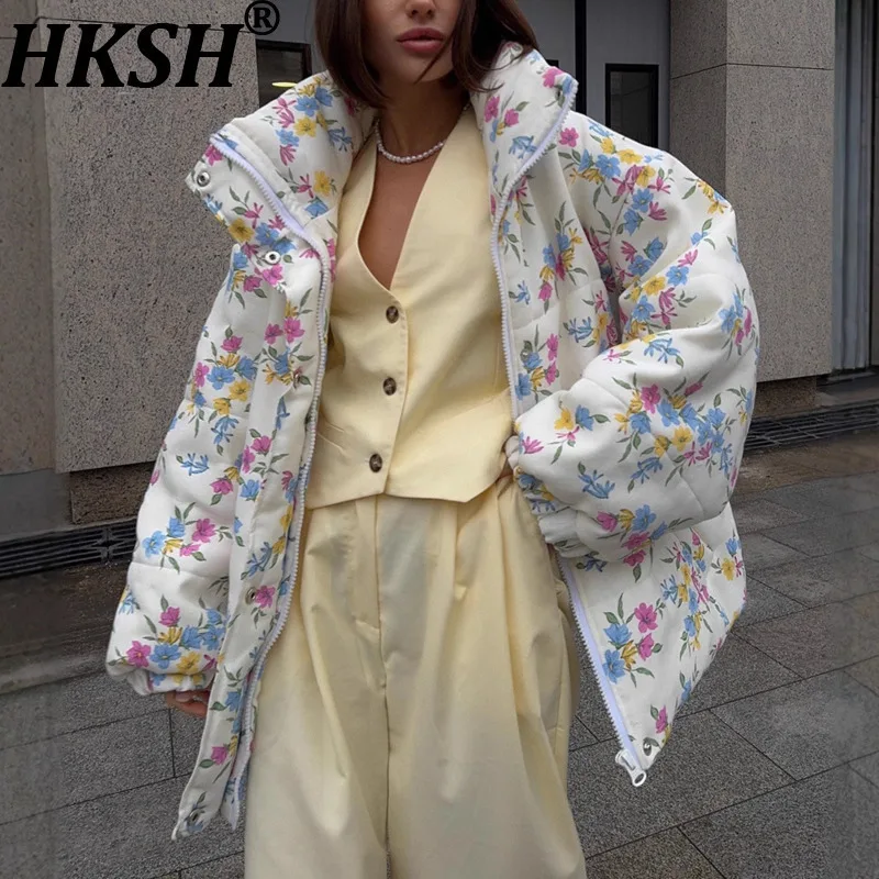 

HKSH Новое зимнее женское стеганое пальто с принтом, воротник-стойка на молнии, элегантная темпераментная уличная повседневная стильная теплая куртка HK11561