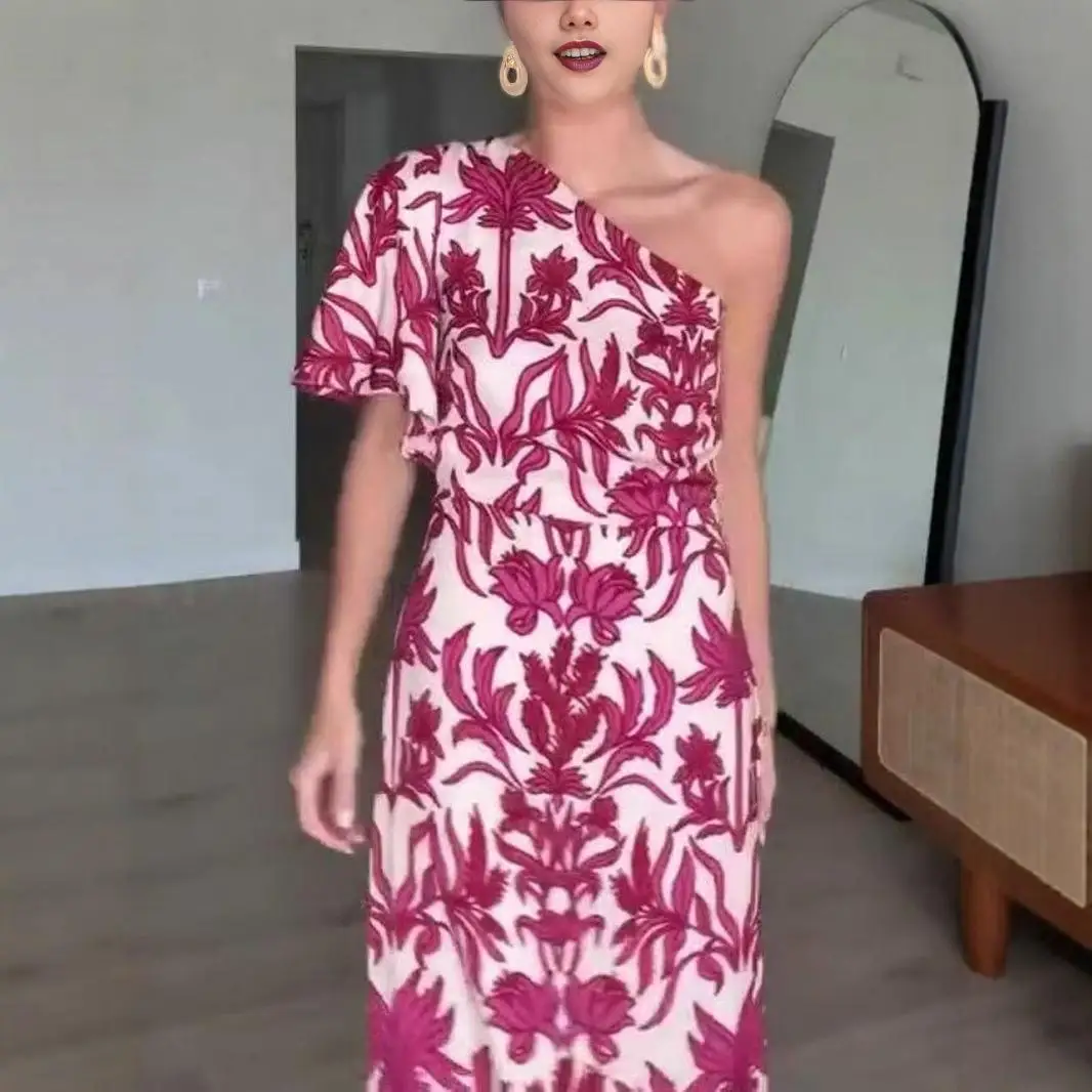 Sexy Faionable Zomer Print Lange Enkele oulder Dr vrouwen Hoge Taille Polyester ort Sve Jurk Chinese Nieuwe 2025