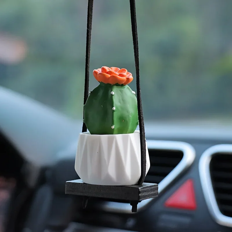 Mini Macrame Plant Hanger Rear View Mirror Car Cactus Charm Decorations Boho Hanging Plant Holder, Tiny Car Succulent Gifts for