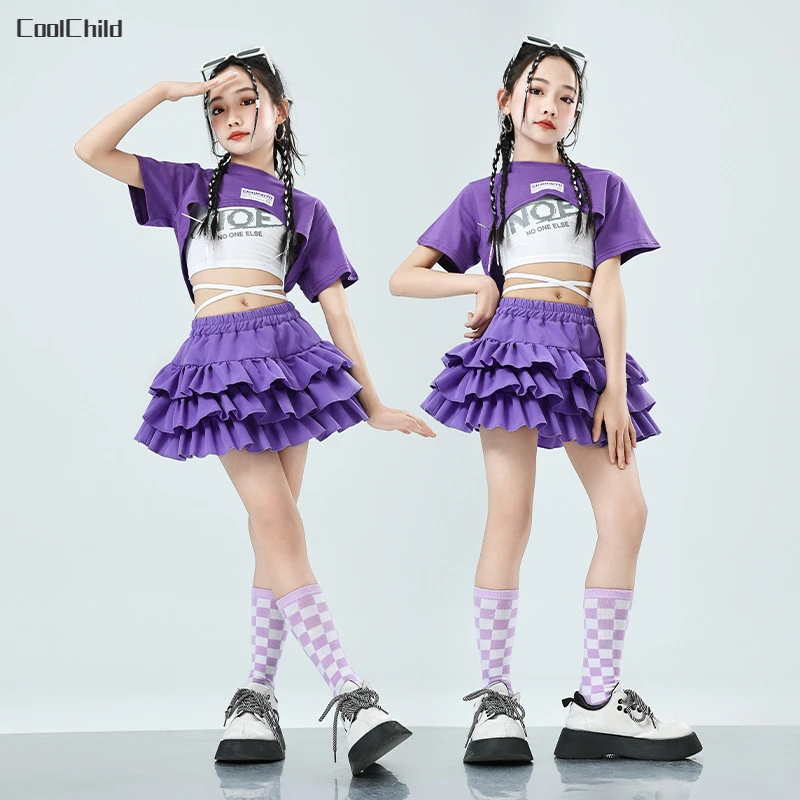 Ropa de calle de verano para niñas, Top corto de Hip Hop, faldas escalonadas púrpuras, conjuntos de ropa para niños, disfraces de Jazz de baile callejero para adolescentes