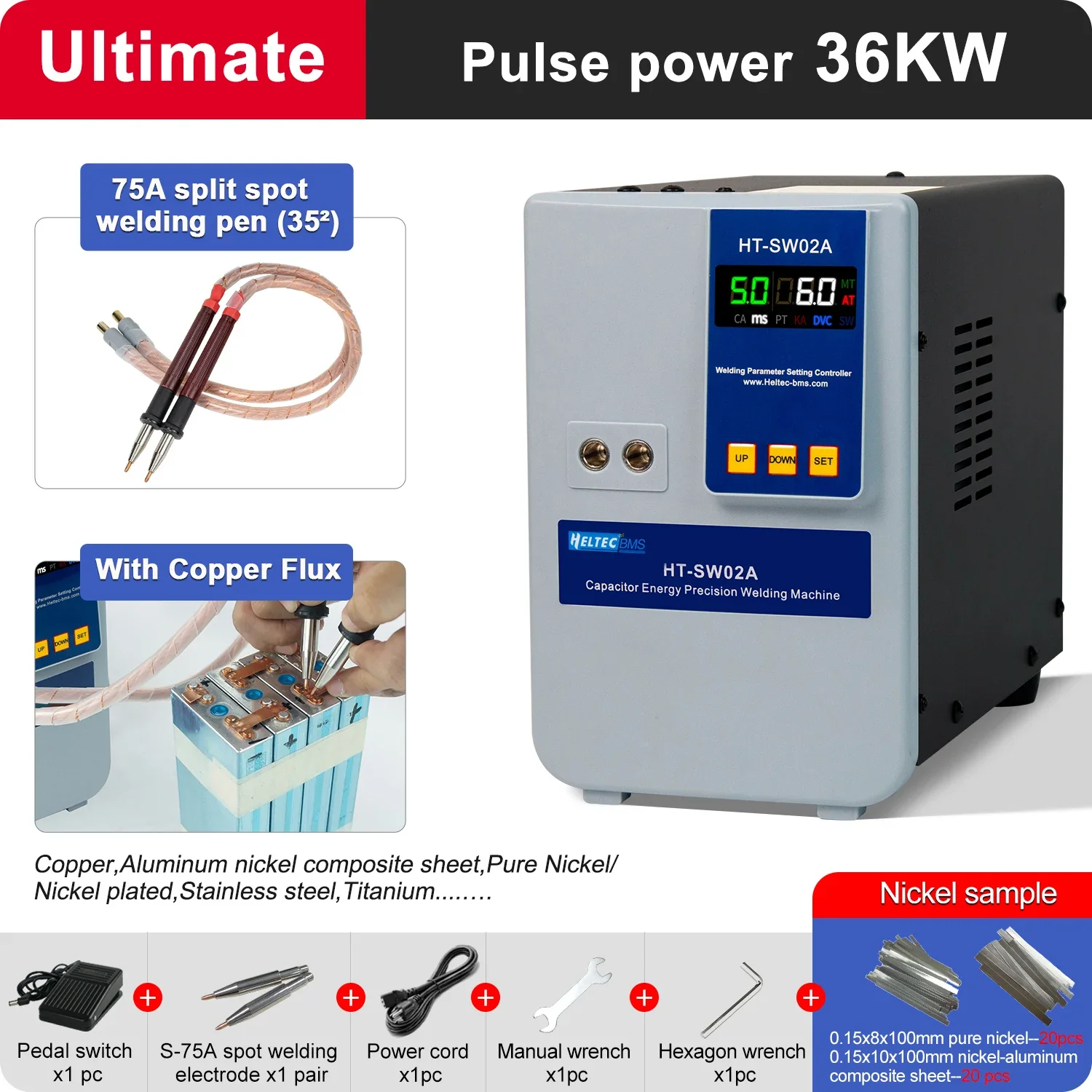 

HT-SW02A PackageA 36KW 6000A Lithium Battery High Power Pulse Handheld Spot Welder Spot Welding Machine