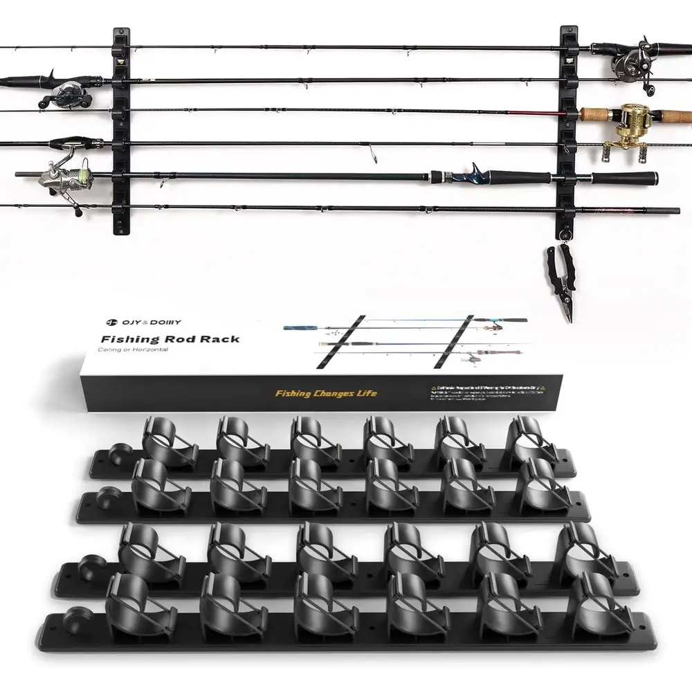 

Double Pack Wall-Mounted Fishing Rod Holders for Horizontal or Ceiling Storage in Garage