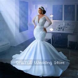 Luxury Beadings Mermaid Wedding Dress Long Sleeves Pearls Bridal Gown Romantic Vestidos De Novia Puffy Skirt  Robe De Mariée