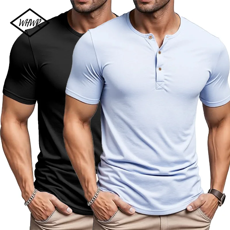 Camiseta Henley refrescante para hombre, ajustada, manga corta, secado rápido, cómoda, absorbe la humedad, camisa con botones de Color sólido para estilo callejero