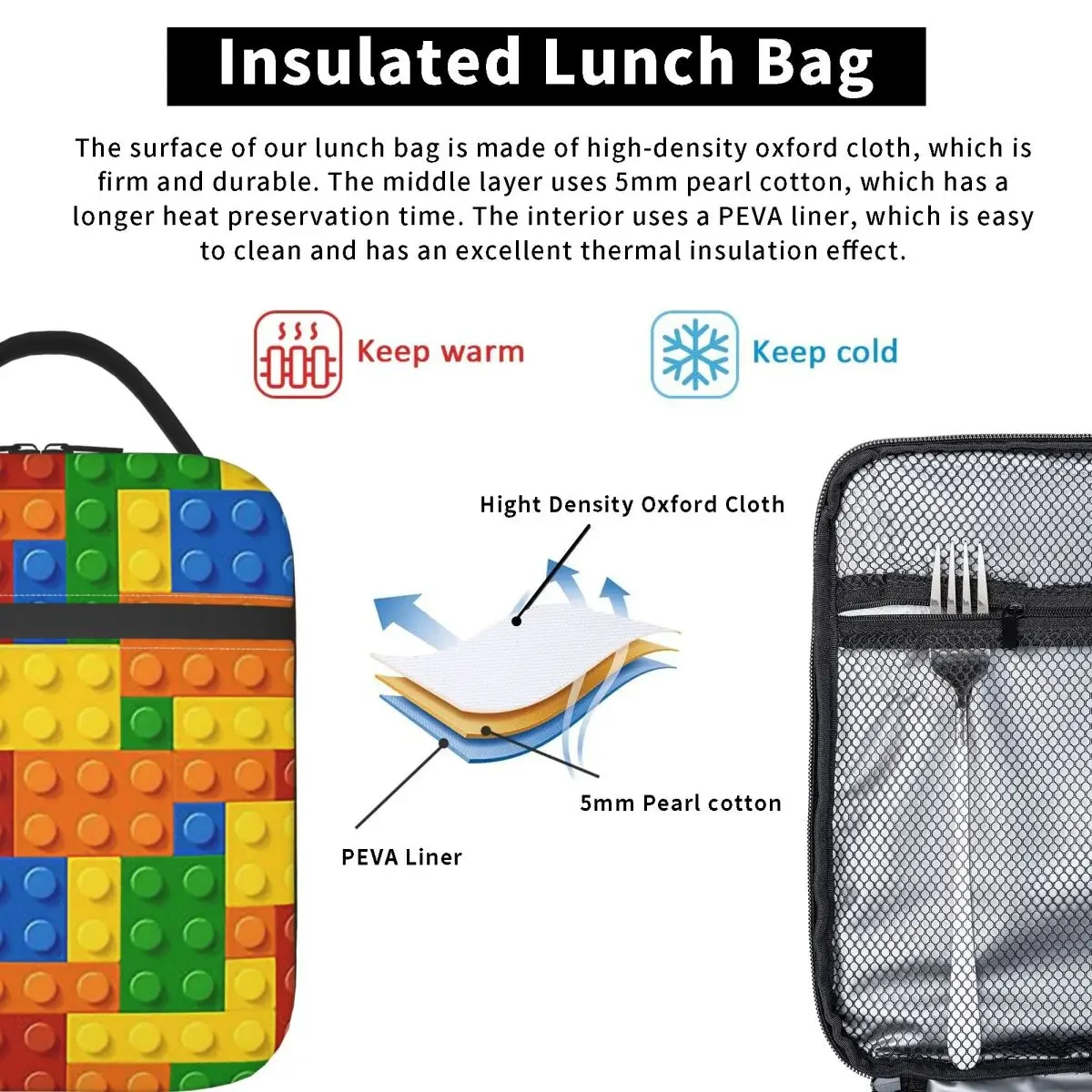 Building Blocks Construction Brick Insulated Lunch Bag for Women Children Leakproof Food Boxes Thermal Lunch Box Tote