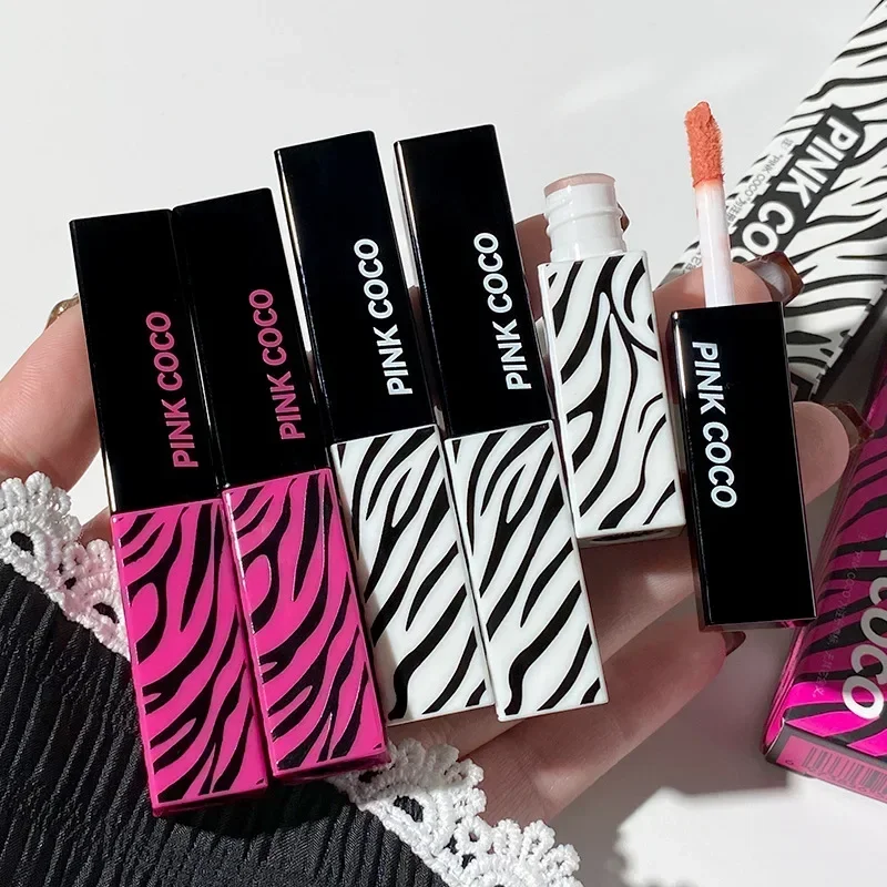 PINKCOCO Zebra Small Black Stripe Soft Mist Lip Mud Low Saturation Lotus Pink Lipstick