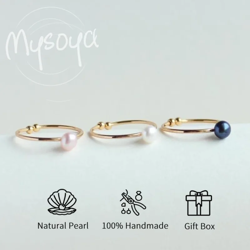 

MYSOYA White/Black/Light Purple Freshwater Pearl Ring 6-7mm With Gift Box For Her/Him Wedding/Birthday/Christmas Gift