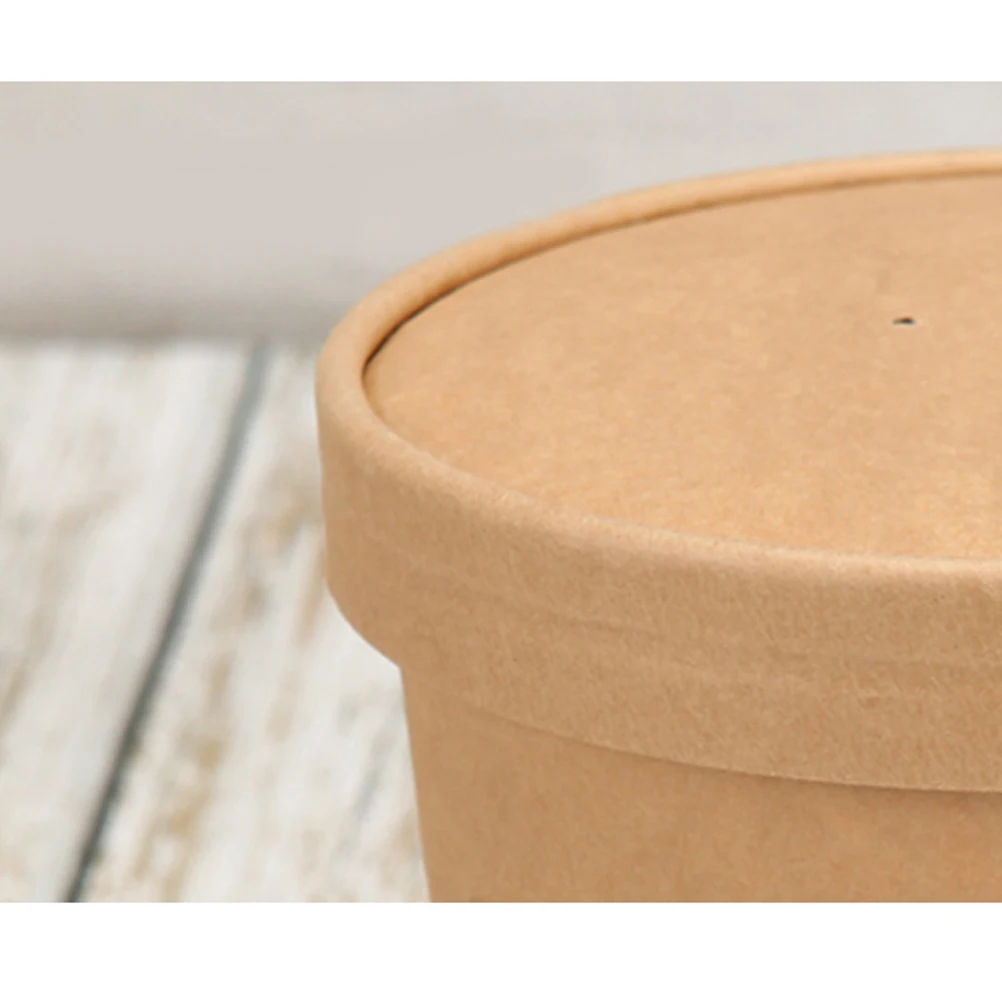 

50 pcs Disposable Kraft Paper Soup Cups Thickened Oil Proof Take Out Food Barrels with Lids for Hot Sides Single Servings