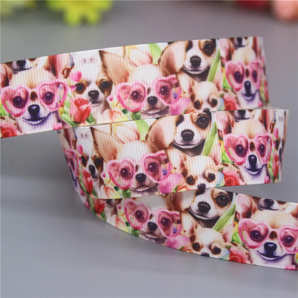 DHK 50yards Chihuahua Dog Printed Grosgrain Ribbon Accessories Headwear Decoration Collar DIY Sewing Craft S2404