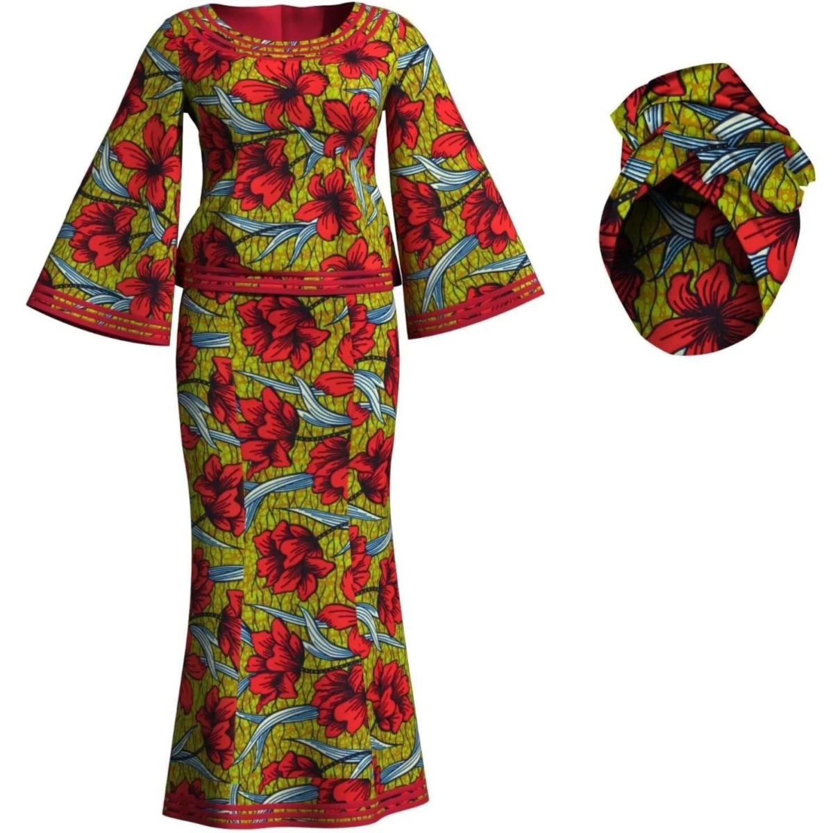 African Clothes for Women Ankara Print Long Sleeve Top and Skirt 2 Pieces Set with African Headwrap Lady Dashiki Clothing WY2372