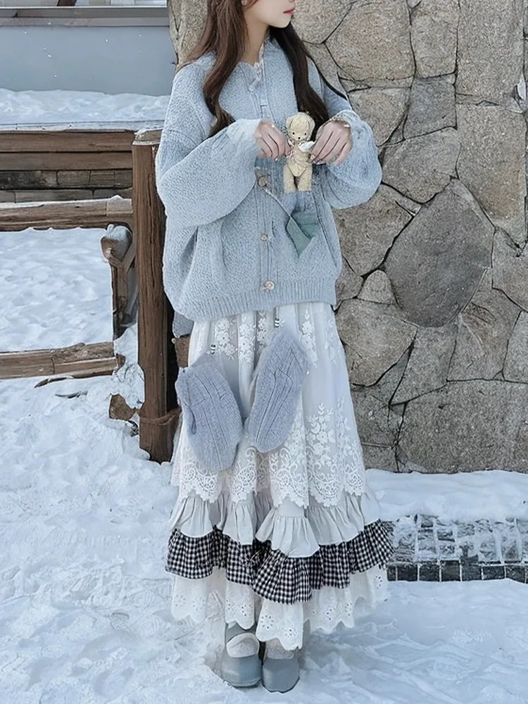 Sweet Girl Feel Plaid Lace Splicing  Skirt Women Spring Autumn Heavy Design Sense Youthful Long Skirt Korean Style Commute