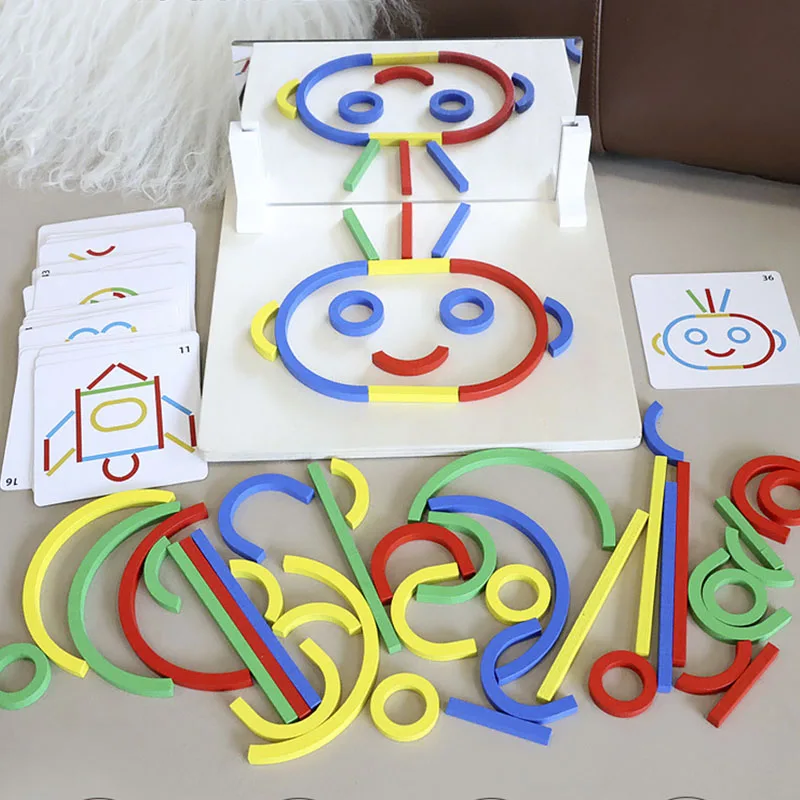 나무 장난감 기하학적 모양 거울 이미지 퍼즐 몬테소리 사고 훈련 손 눈 조정 게임 어린이 교육 장난감