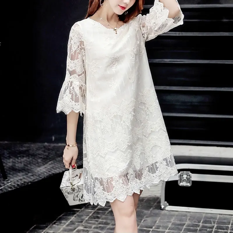 Women\'s Clothing Elegant Lace Patchwork Midi Dress O-Neck Spring Summer 3/4 Sleeve Commute A-Line Fashion Hollow Out Dresses New