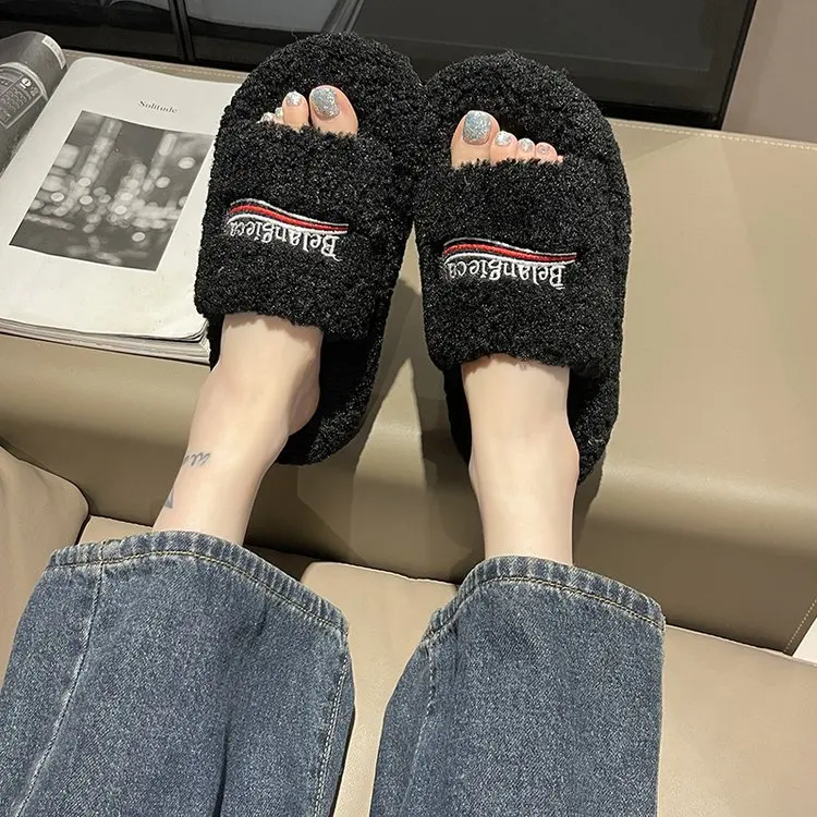 House Slippers Platform Fur Shoes Slides Med Slipers Women Flock Soft Plush Flat 2024 Fabric Rome Basic Rubber PU Female Shoes P