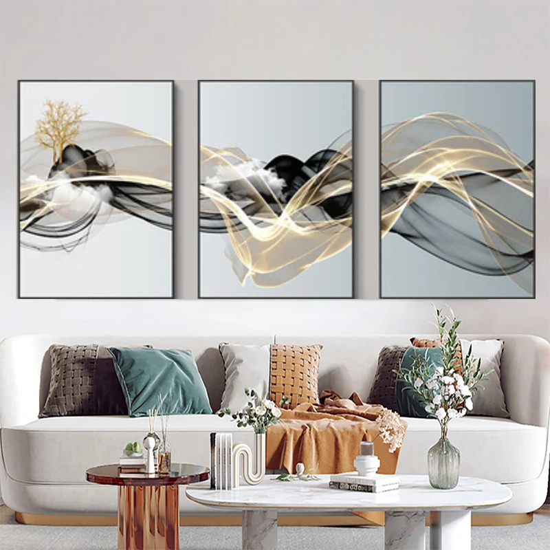 3 Pieces Diamond Painting Nordic Luxury Ribbon Abstract Landscape Wall Art Modern Diamond Mosaic Picture for Home Decor