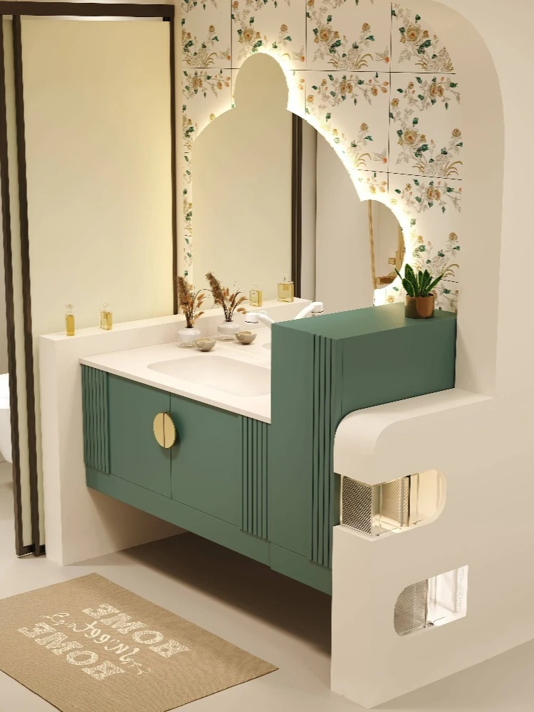 Light luxury rock slab solid wood green bathroom cabinet combination modern seamless bathroom washstand can be customized