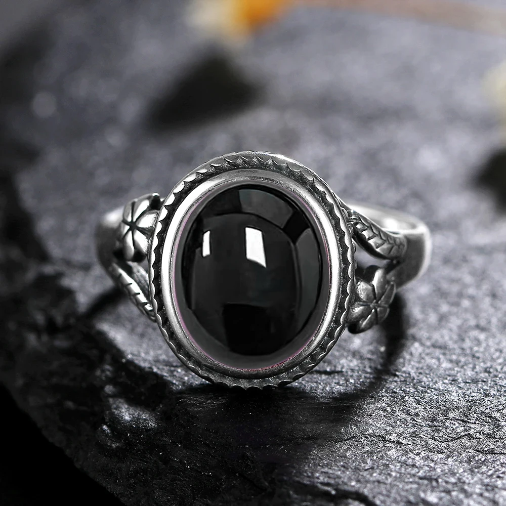 Cincin 8*10mm Onyx hitam alami perak Sterling 925 untuk wanita hadiah cincin mata harimau berbentuk bunga perhiasan mode