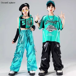 Hip Hop Boys Fashion T-shirt Shiny PU Leather Cargo Pants Girls Crop Top Kids Street Dance Streetwear Children Jazz Clothes Sets