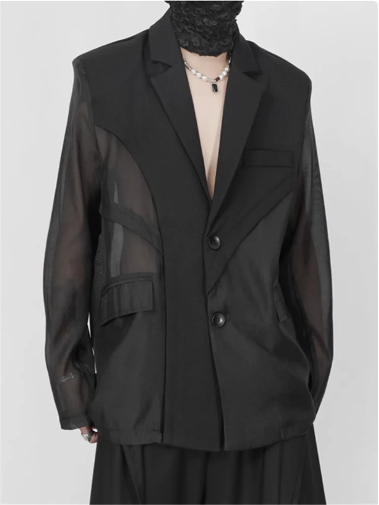 

The 2025 summer new men's niche and popular nightclue-style see-through chiffon patchwork loose casual suit jacket