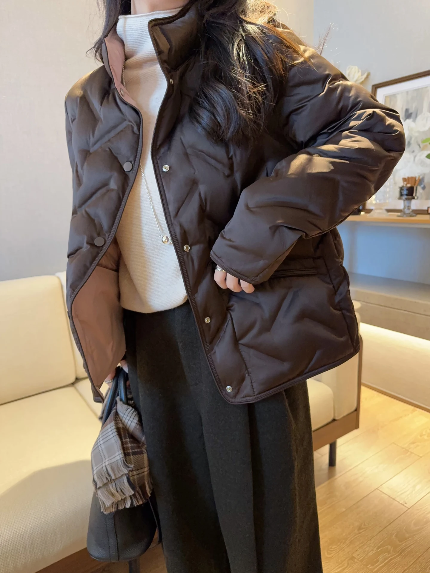 

Double-Sided Wear White Goose down Puffer Jacket Stand Collar Lightweight Warm Women's Fashion Style Autumn Winter Coat