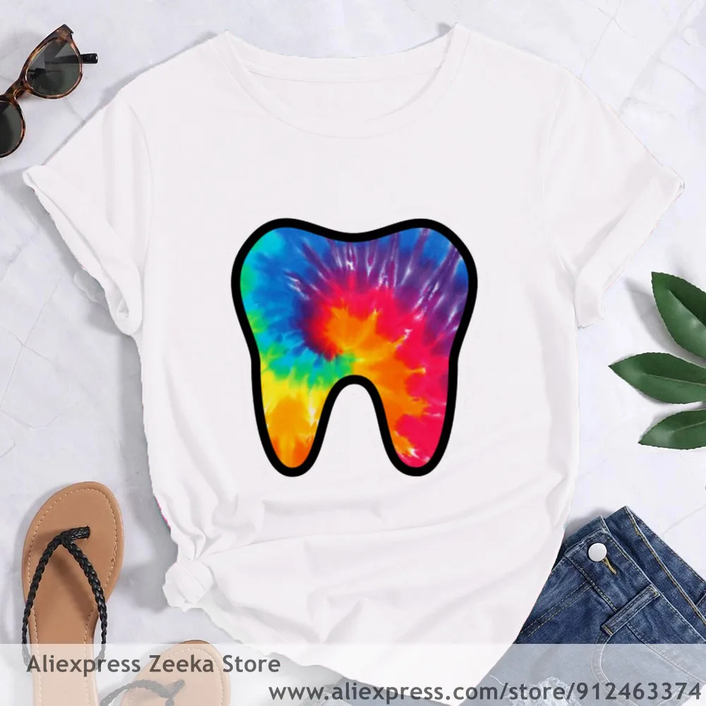 Tooth and Dentist Graphic Aesthetic  Women Funny Print Ladies T-shirt Girl Y2K Harajuku Basis O-collar White Shirt Short