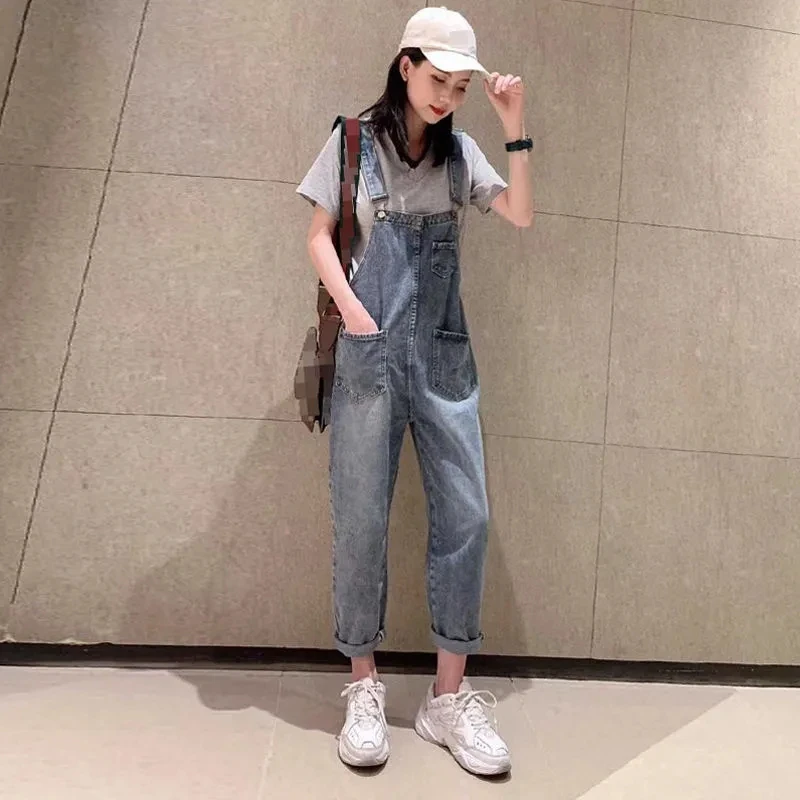 Women Clothes Solid Color Denim Jumpsuits Spring Summer Rompers Overalls New Hole Loose Jean Pant Female Casual Back Strap Pants