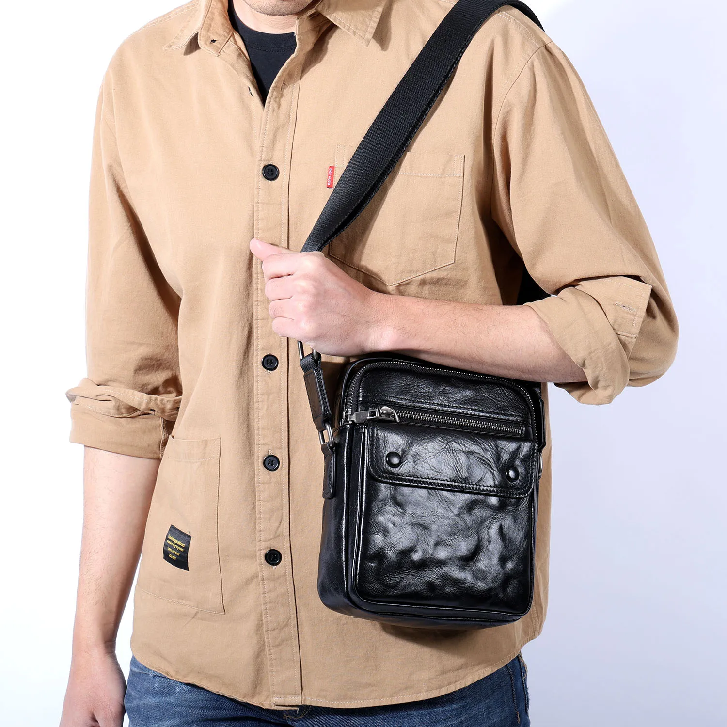 S.WORKER Vollnarbenleder-Umhängetasche für Herren Vintage Echtleder Herrenmode Schultertasche Messenger Bag – Detail 6