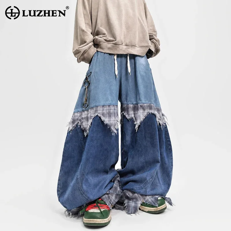 LUZHEN 2026 New Original Personalized Plaid Printed Patchwork Design Loose Wide Leg Denim Pants Men Hip -hop Style Jeans JY9024