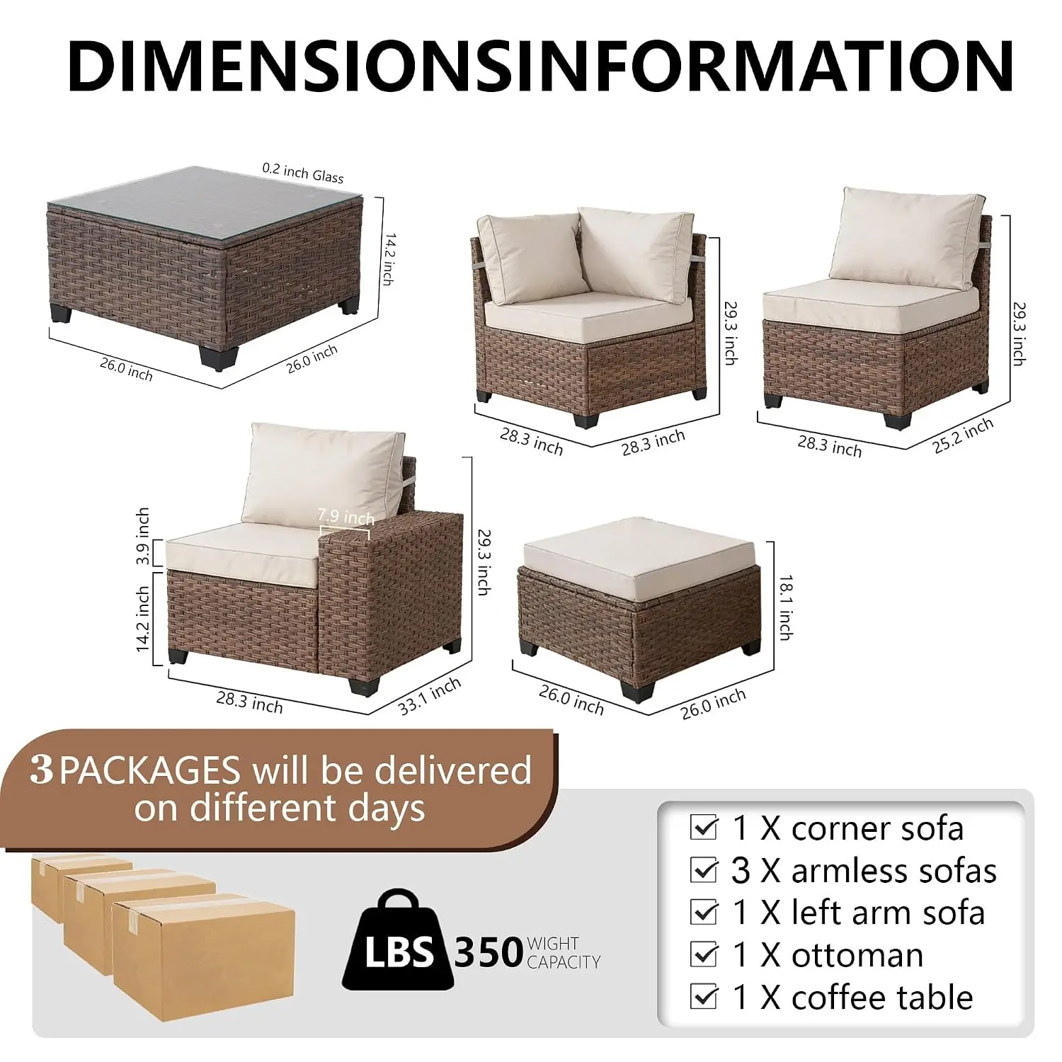 7 Pieces Patio Furniture Set - All-Weather Wicker Outdoor Sectional Sofa, Rattan Patio Conversation Sofa, Customized