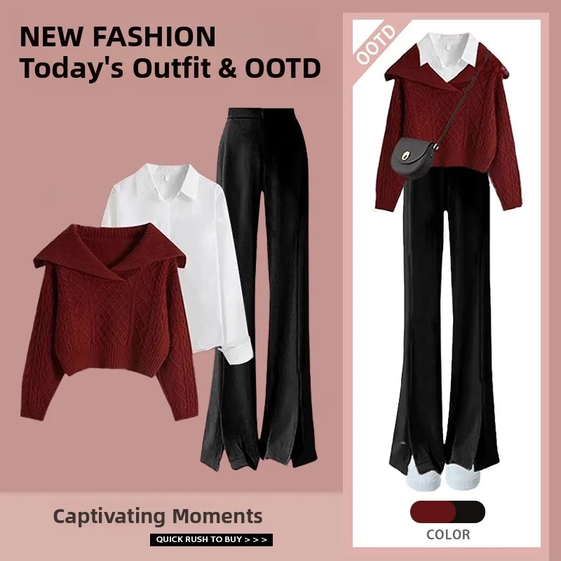 

Осенний модный женский вязаный свитер в стиле ретро Long Sve irt Брюки с высокой талией Комплект из футболки Японский Sle V Ne Длинные брюки