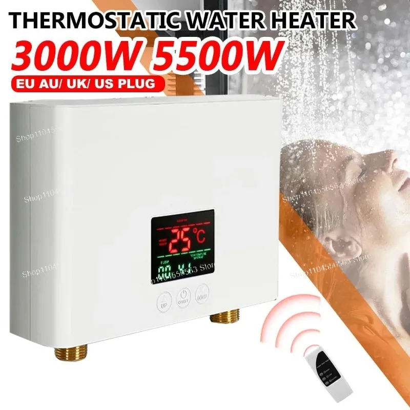 110V/220V Instant Electric Water Heater - Wall-Mounted for Bathroom & Kitchen, LCD Temp Display with Remote Control