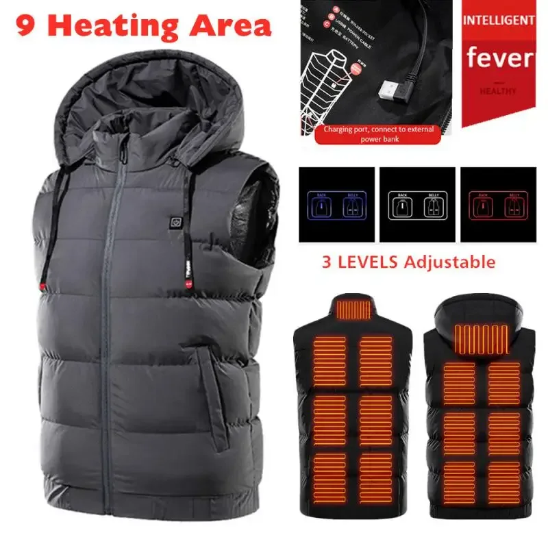 Winter Electric Heated Hooded Vest Thermal Waterproof Jacket USB Charging Vest Adjustabe Heating Warmer Pad Hiking Warm Jacket