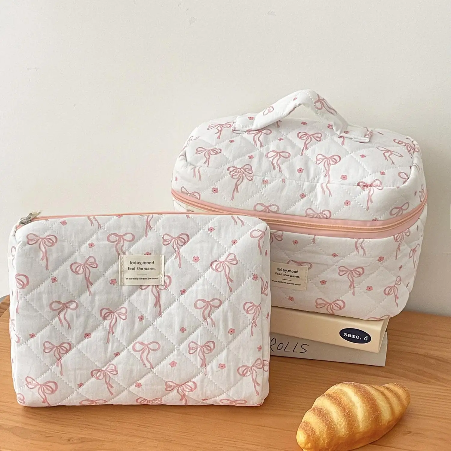 

Women Cosmetic Bag Cotton Quilted Cute Bow Makeup Pouch Travel Portable Wash Toiletry Storage Bag Organizer Purse Multisize